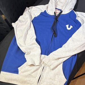Men’s True Religion Blue and Gray Zip-Up Hoodie size 2XL